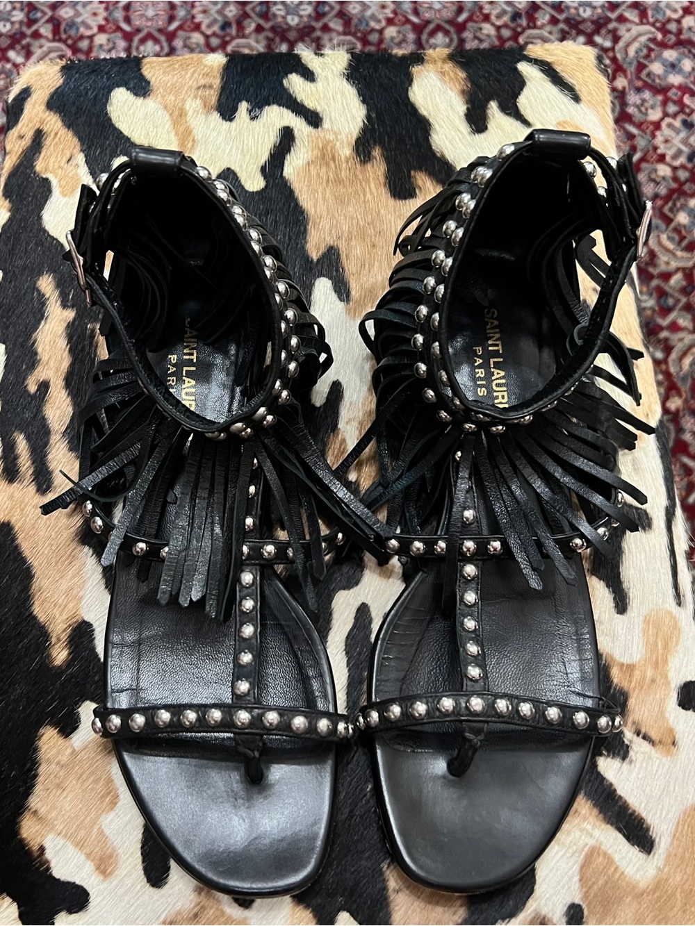 Saint Laurent Paris Black Leather Studded Fringe Sandals Size 8.5